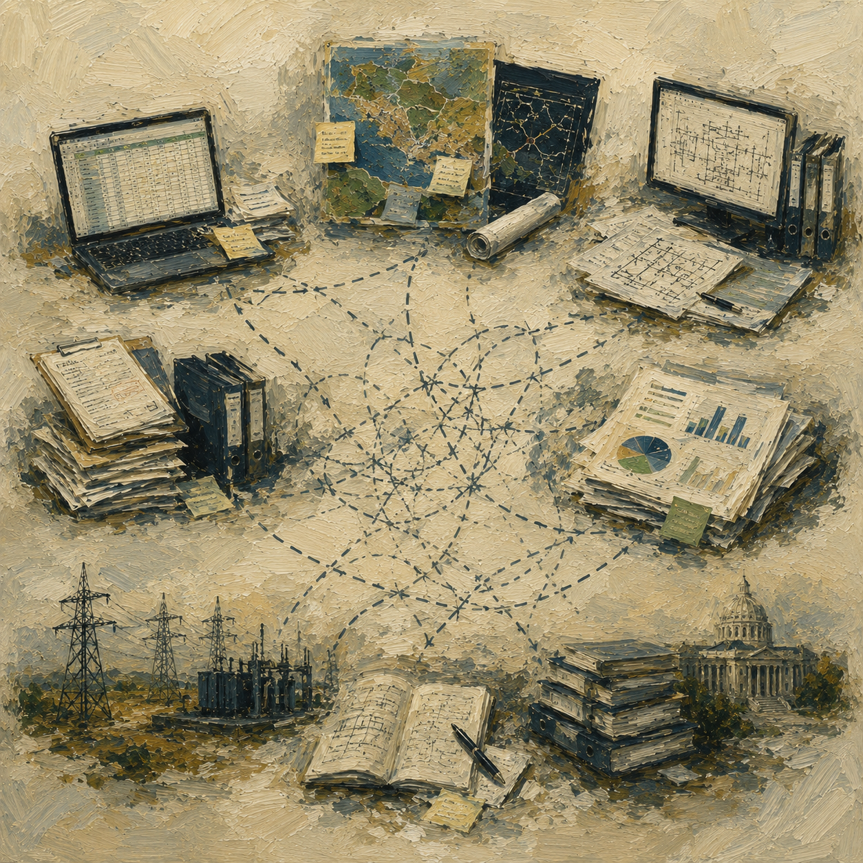 Impressionist canvas depicting the fragmentation of modern energy development workflows